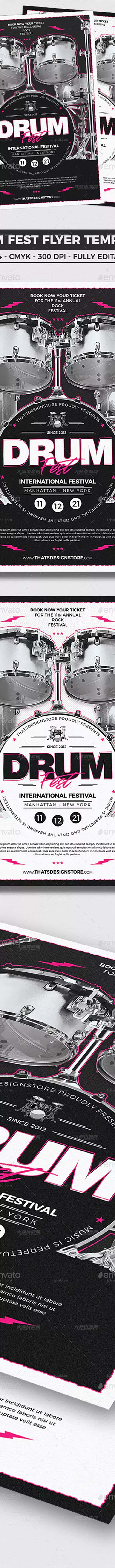 架子鼓俱乐部活动海报/传单PSD模板：Drum Fest Flyer Template