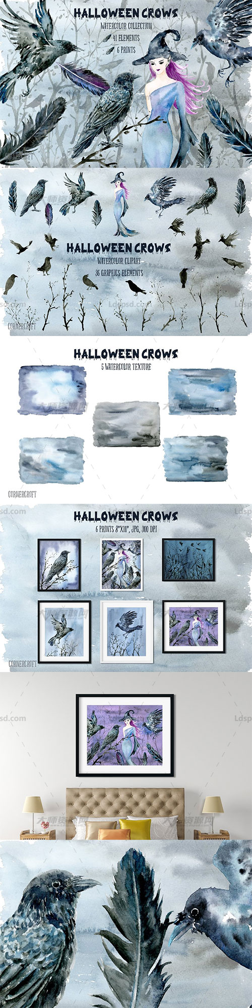 47张高清透明的北欧风万圣节巫婆/枯树/乌鸦PNG图片：Halloween Crows & Witch