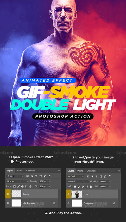 极品PS动作－双色烟雾(GIF动画/含高清视频教程)：Gif Animated Smoke Double Lighting Photoshop Action