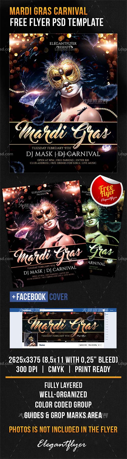Mardi Gras Carnival Flyer PSD Template + Facebook Cover,狂欢节DJ派对传单模板