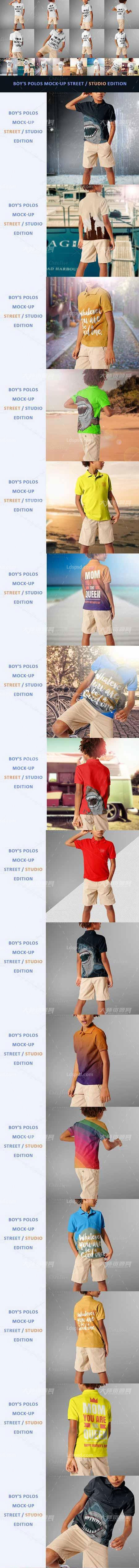 Boy's Polos Mock-up Street studio,男孩T恤衫品牌展示模型(16个)