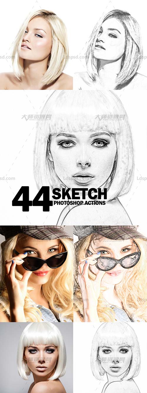 44 Sketch Photoshop Actions,PS动作－44个素描效果