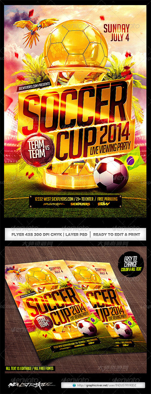 Brazil Soccer Cup 2014 Football Flyer,巴西足球杯海报/传单模板