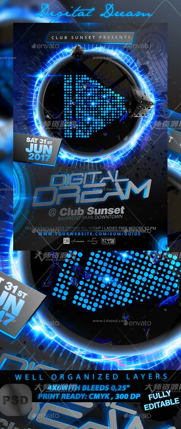 Digital Dream Flyer Template,酷黑风格的音乐海报/传单模板