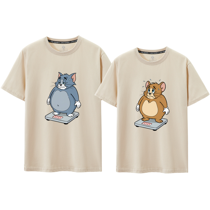 Tom and Jerry Funny Spoof Fat Tom and Jerry Fun Short-Sleeved T-Shirt Clothes Couple Outfit Weight Loss Fitness