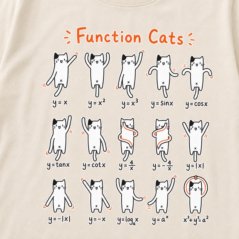Fun Function Cat Print Short-Sleeve T-Shirt for Men and Women, Summer White Loose Fit Versatile Math Teacher Student Class Uniform Fun Function Cat Print Short-Sleeve T-Shirt for Men and Women, Summer White Loose Fit Versatile Math Teacher Student Class Uniform