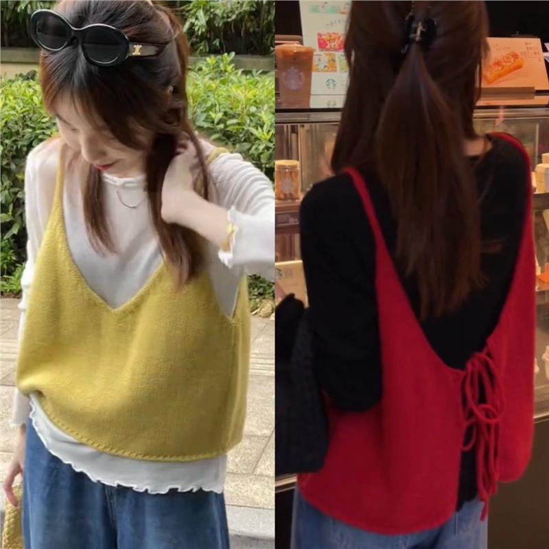 Korean Style Gentle Long-Sleeved Base Shirt T-Shirt Top + Fashionable Back-Tie Knitted Sweater Vest Layered Two-Piece Set
