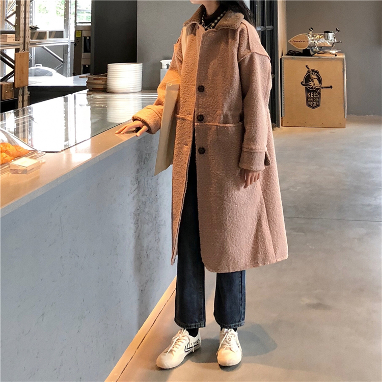 Vòng tròn retro, len, áo khoác dày, nữ phiên bản Hàn Quốc, màu tương phản, lỏng lẻo, phần dài, hồ sơ eo, áo khoác len, mặc mùa đông các mẫu áo dạ đẹp