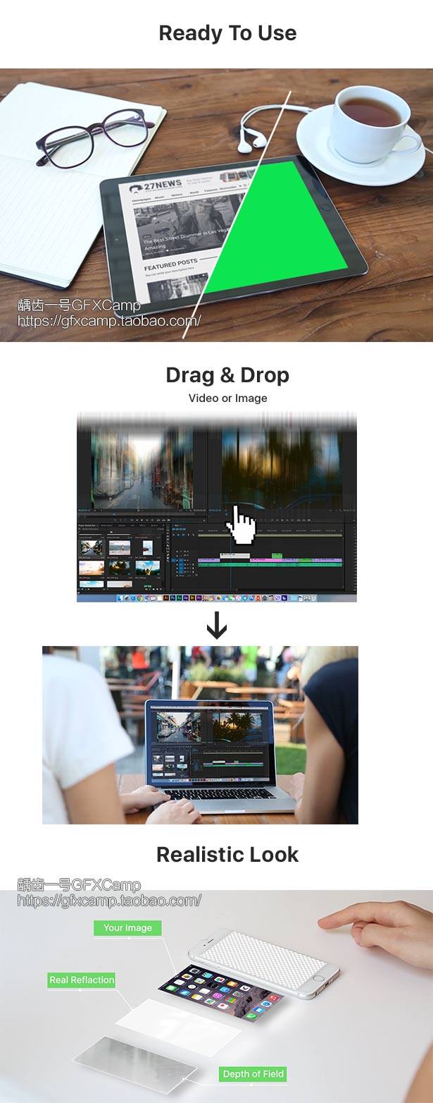 AE模板-实拍场景iphone Android 苹果安卓智能手机电脑屏幕绿幕抠像合成素材工具包