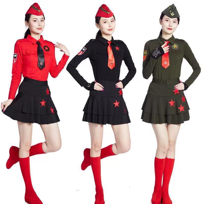 Water Soldier Dance Dress Suit Women T-shirt Long Sleeve Red Black Five Stars Turn square Dance Performance Army fan Outdoor Clothing