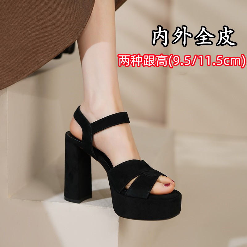 Full Leather Genuine Leather High-Heeled Sandals with Chunky Heels, Waterproof Platform, Open-Toe, Stylish Ankle Strap, Ol Black