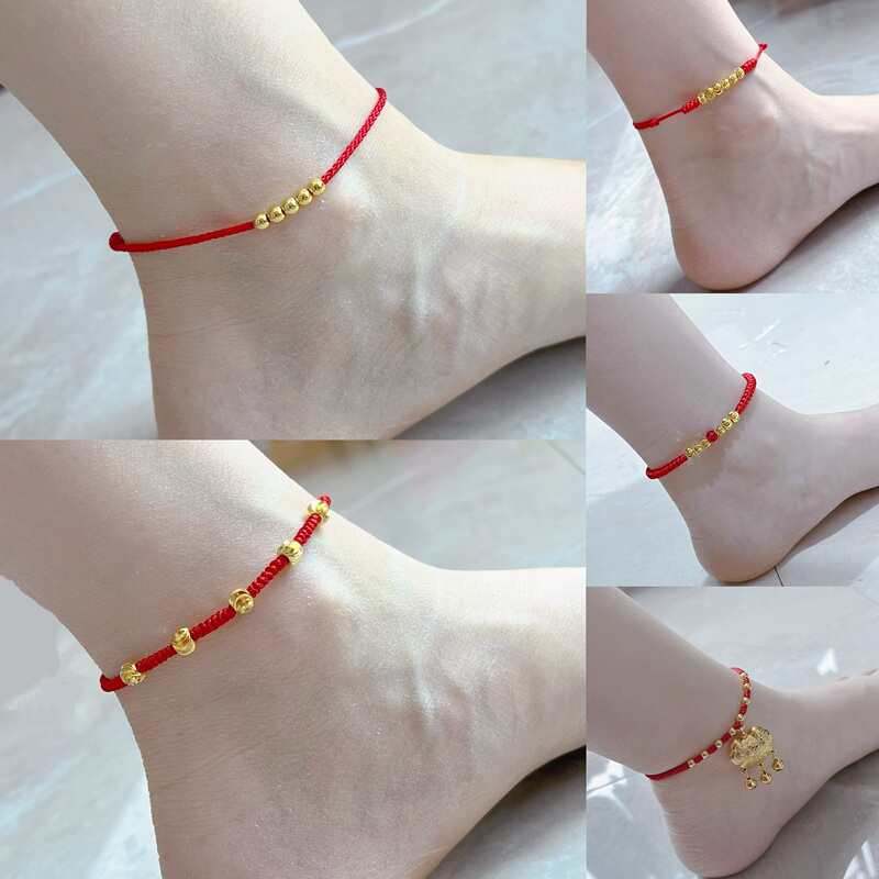 Summer New Style Sand Gold Transfer Beads Red Rope Anklet for Women, Simple and Sexy Adult Anklet, Long-Lasting Non-Fading Jewelry