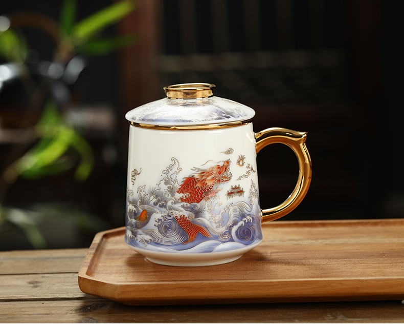 Jingdezhen tea cups separation suet jade white porcelain cup of household ceramic filter tea cup with cover office