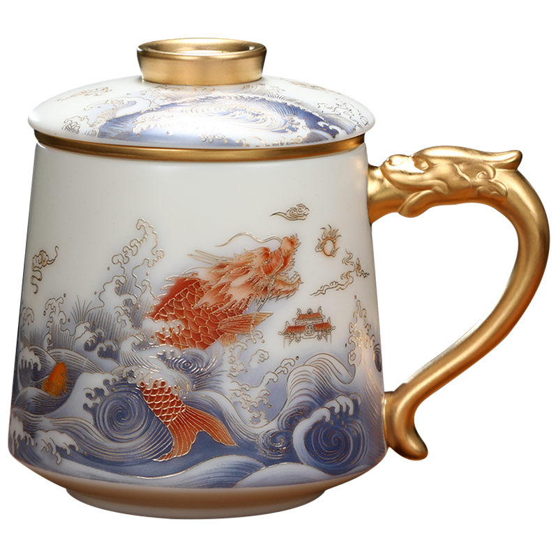 Jingdezhen tea cups separation suet jade white porcelain cup of household ceramic filter tea cup with cover office