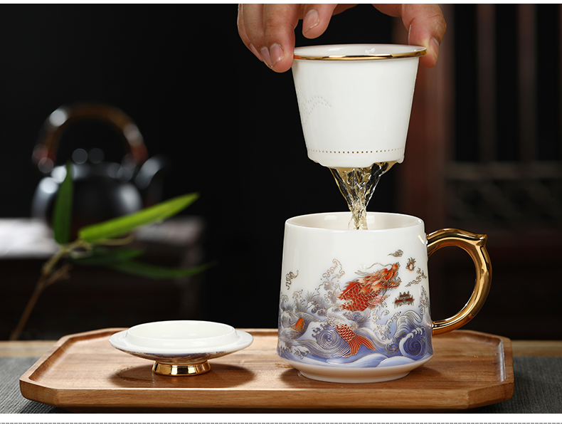 Jingdezhen tea cups separation suet jade white porcelain cup of household ceramic filter tea cup with cover office