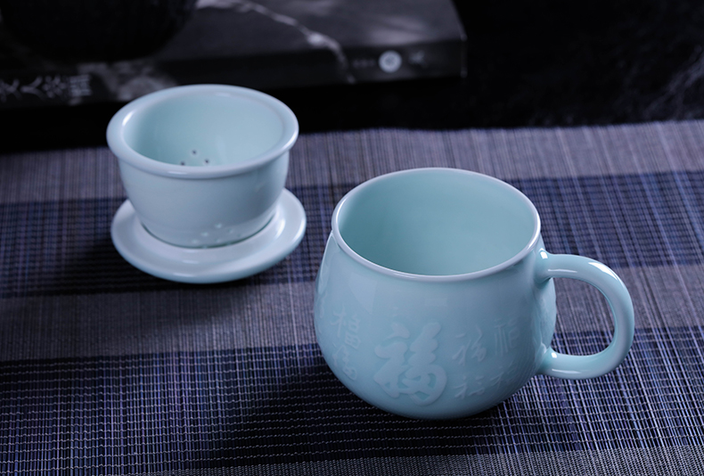 Catalpa xin jingdezhen ceramic filter cups with cover home tea cup hand - made glass carving shadow celadon office