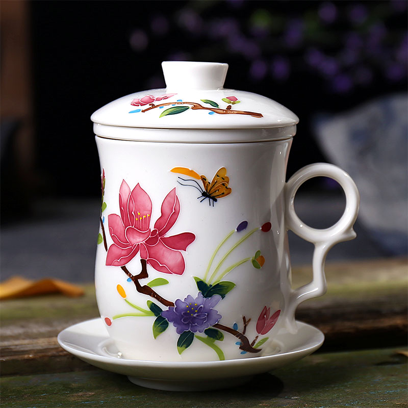 Jingdezhen ceramic tea cup with lid filter Cup four-piece ceramic tea cup tea set office meeting individual cup