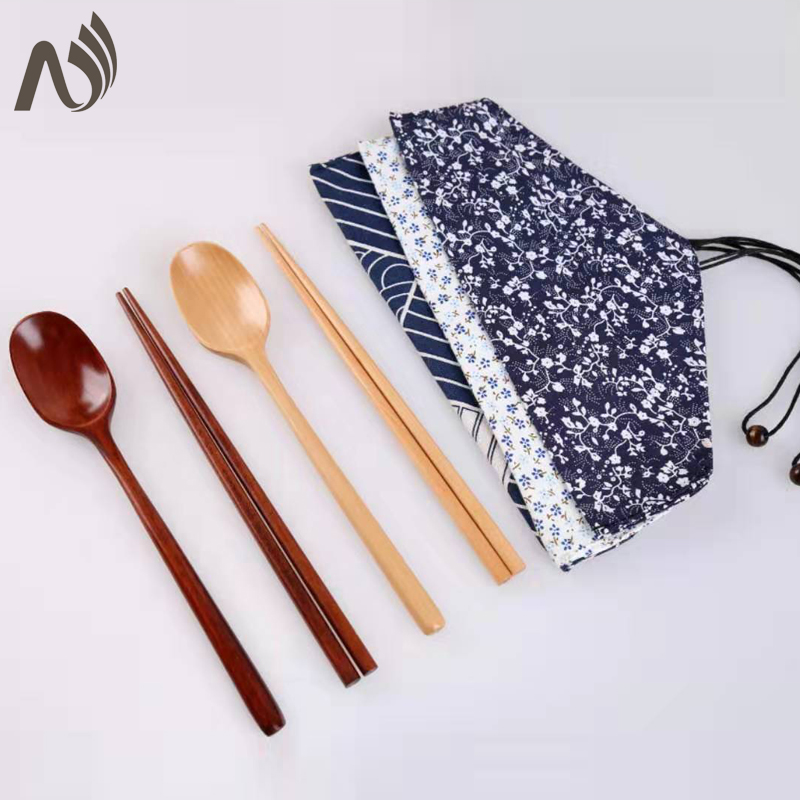 Chopstick long handle spoon cloth bag suit single wood process Japan-ROK travel type external belt tableware adult portable