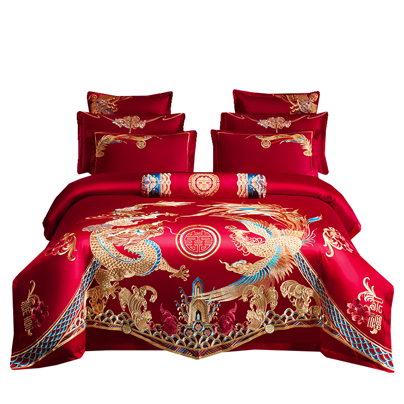 Wedding Four-Piece Cotton Set, Bright Red Pure Cotton Dragon and Phoenix Embroidery Wedding Quilt Core, Dowry New Marriage Bedding