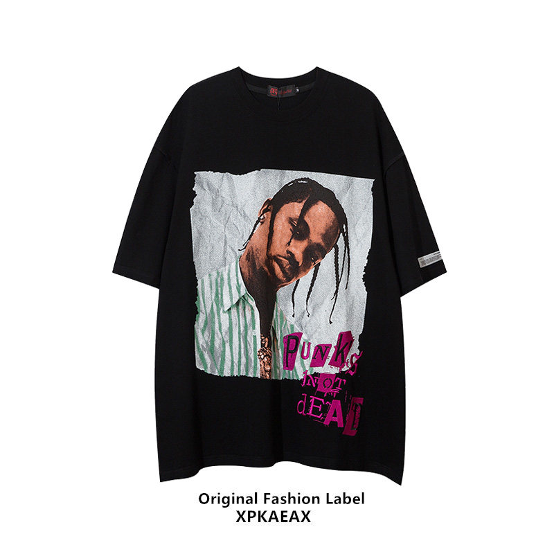 XPKAEAX Original Tide Card Portrait Printed T-shirt Male Loose Large Size Yard Pure Cotton European And European Street Hiphop Short Sleeve Summer