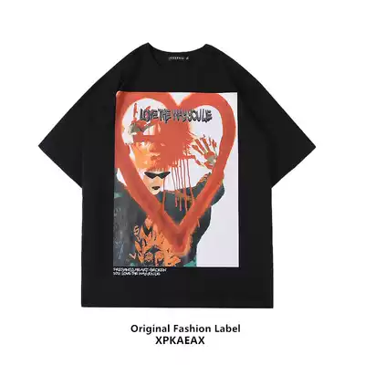 XPKAEAX Original Tide Brand Letters Graffiti Print Round Neck Short Sleeve T-Shirt Men and Women Street Style Hip Hop Five and Half Sleeve