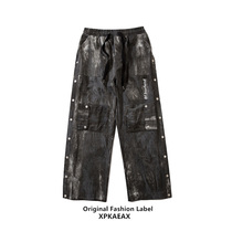 XPKAEAX Original Tide Card Side Row Buttoned Pants Men And Women S High Street Vibe Wind As Old Denim Pants Loose Straight