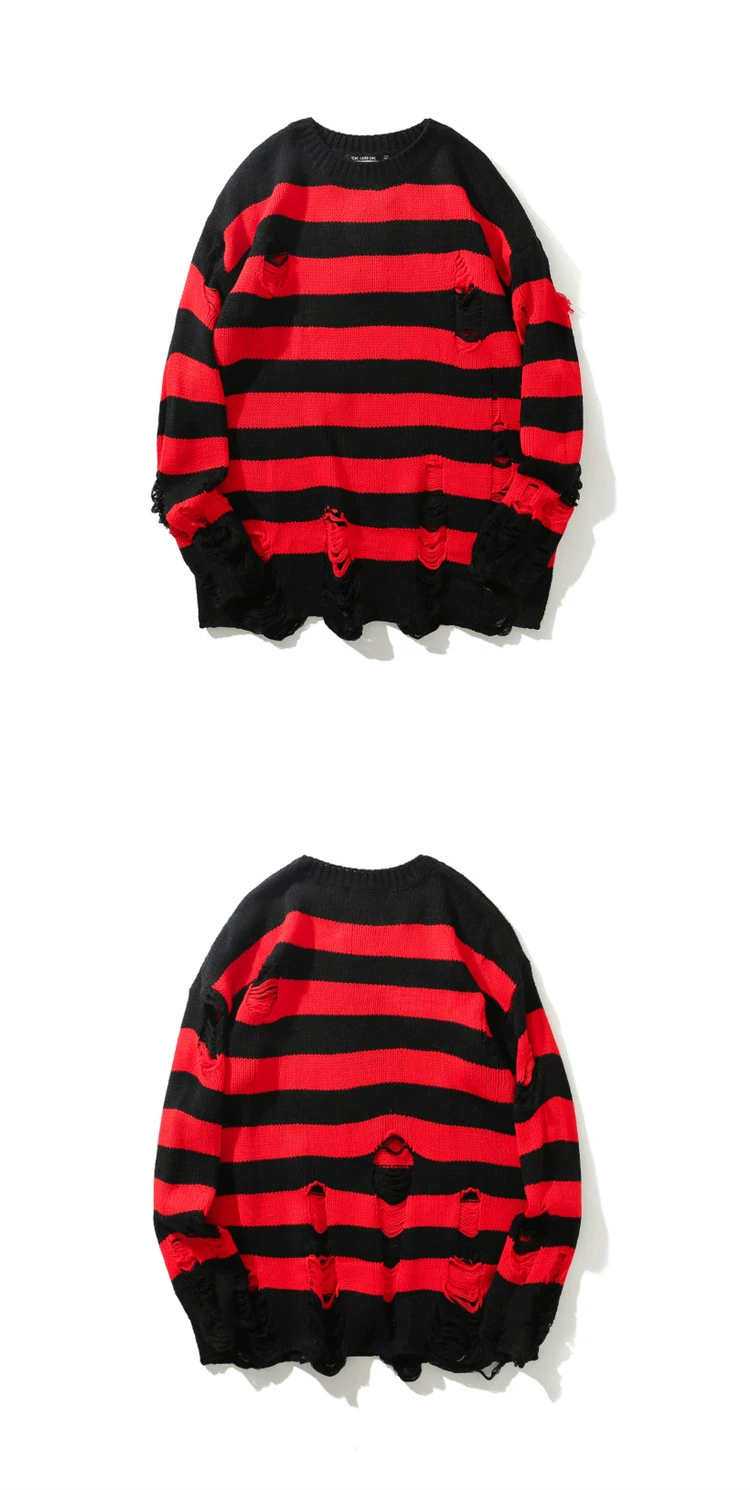 Black Red Striped Sweaters Washed Destroyed Ripped Sweater Men Hole Knit Jumpers Men Women Oversized Sweater Harajuku mens roll neck jumper