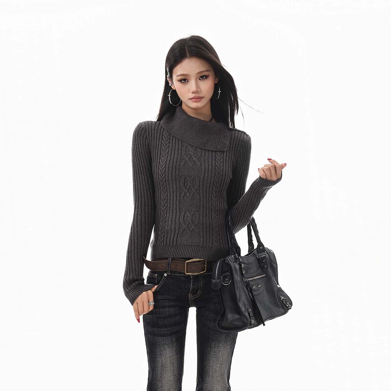 Xpkaeax American Retro Ribbed Cable Knit Pullover Sweater with a Turn-Down Collar for Women, Autumn and Winter, Slim Fit Short Knit Top