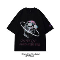 XPKAEAX Original Tide Brand Black Head Like Printed Short Sleeve Male European and American Hip Hop Trend Loose Large Size Five-minute Sleeve