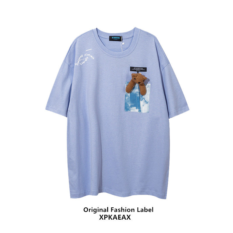 XPKAEAX Original Tide Card Three-dimensional Doll Small Bear T-shirt Male and Men's Tongan Trend 100 Hitch Loose Short Sleeve Summer