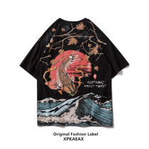 XPKAEAX Original Tide Brand Japanese Ukiyo Carp Printed Short Sleeve T-Shirt Men and Women bf Wind Summer Trend Top