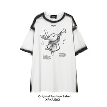 XPKAEAX Original Tide Brand Minor Design Sense Couple Dress Summer Short Sleeve Men's and Women's bf Style Hand-painted T-shirt Five-point Sleeve