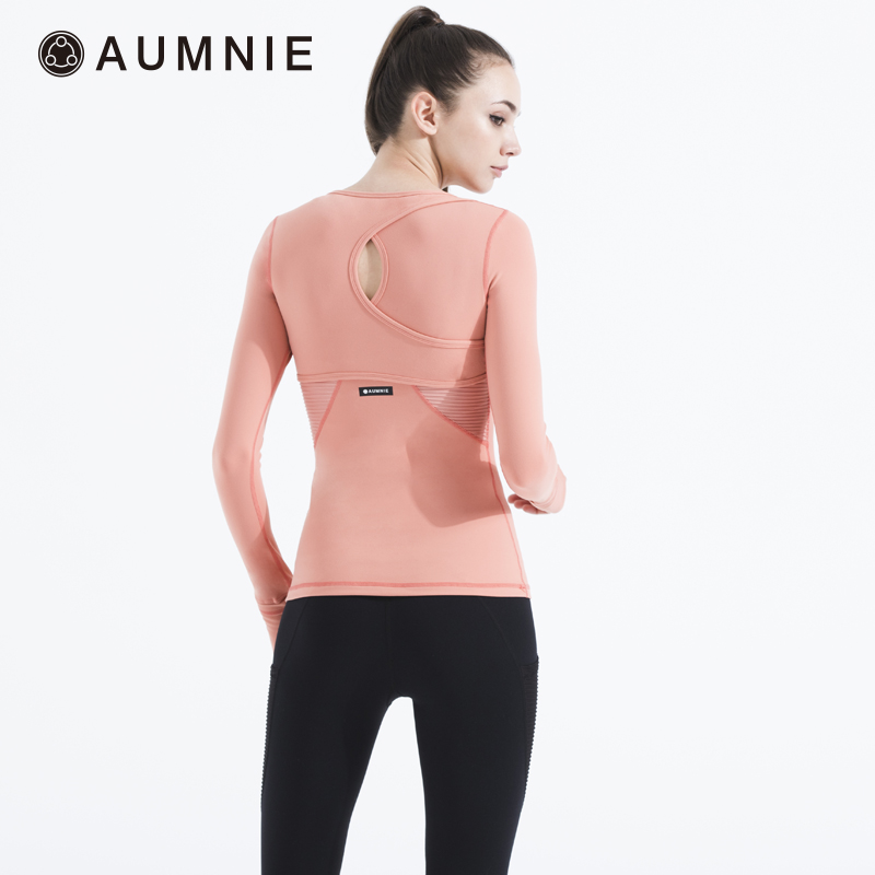 AUMNIE Aomini yoga clothes women's slim running sports fitness top U-neck swirl long-sleeved T-shirt with chest pad