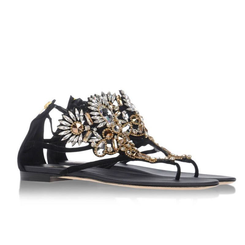 Leather 2018 new summer women's shoes European handmade flat with rhinestone sandals pinch flat bottom Rome toe sandals and slippers