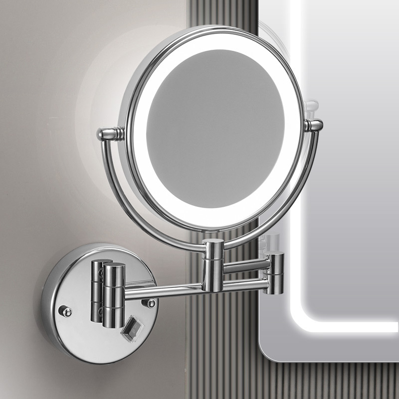 No-Drill Lighted Beauty Mirror, Double-Sided Led Makeup Mirror, Bathroom Folding Magnifying Mirror, Wall-Mounted Telescopic