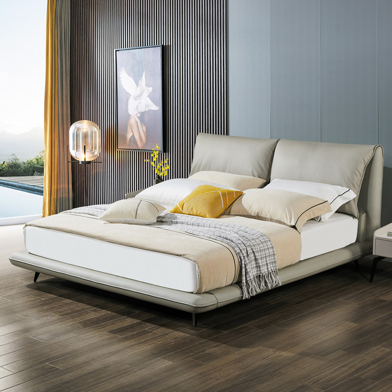 Modern minimalist double bed imported cowhide leather minimalist Italian style minimalist master bed wabi sabi style light luxury double bed