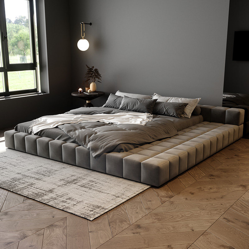 Minimalist modern technology suede grinding sand cloth large family style Silence Wind Cloth Art Bed Master Bedroom Day Style Tatami Floor Bed 