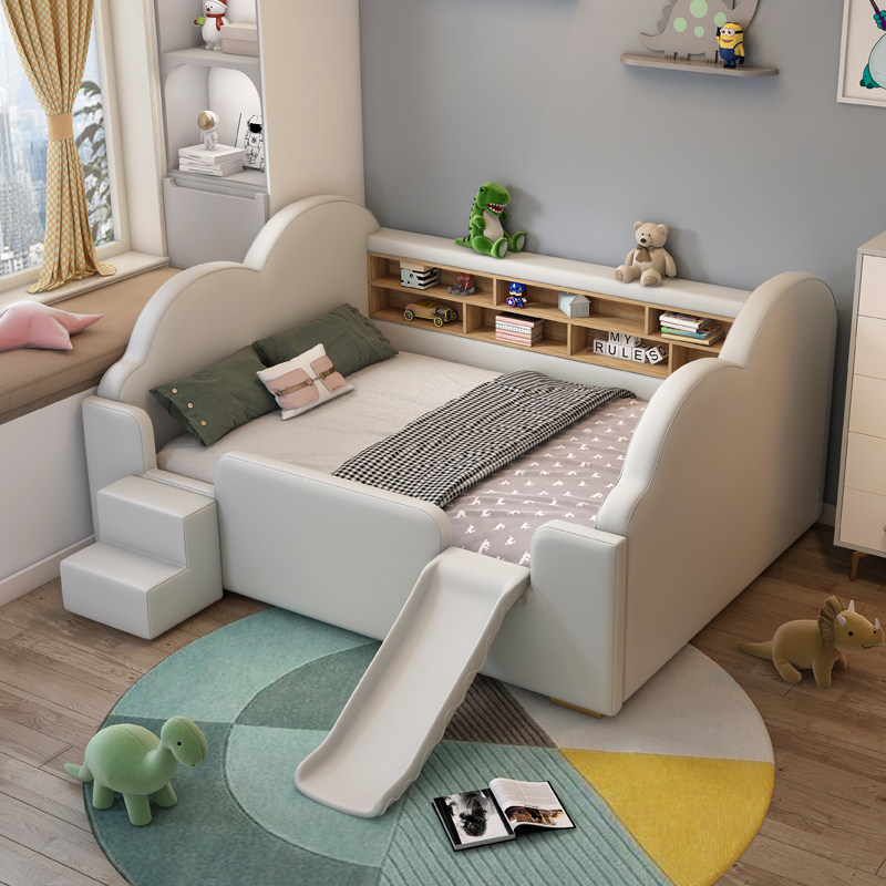 Nordic leather bed children's bed boy single bed 1 5 meters half-high bed cloud bed guardrail with slide storage bed