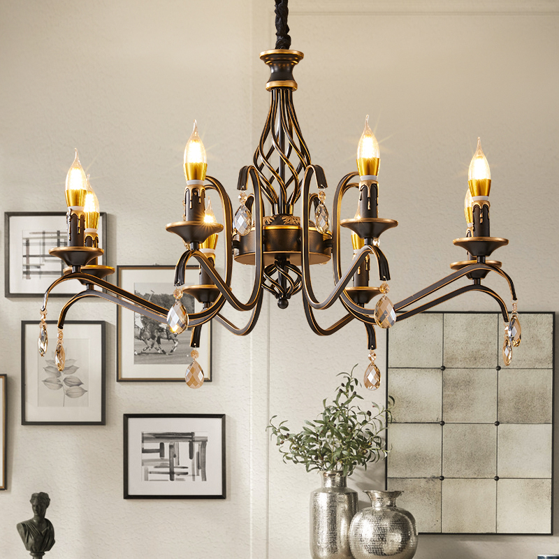 European-Style Wrought Iron Candle Chandelier for Living Room, Bedroom, Study, Dining Room, Simple Art, American Retro, Full-Spectrum Eye Protection Lamp