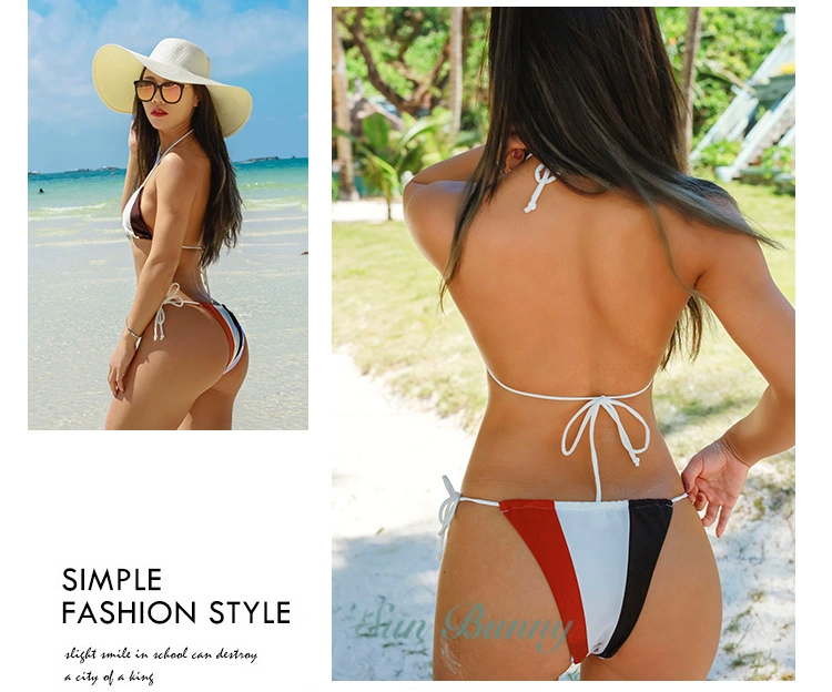 SUNBUNNY hè mới ba sọc sọc ba điểm treo cổ dây đeo bikini chia áo tắm nữ