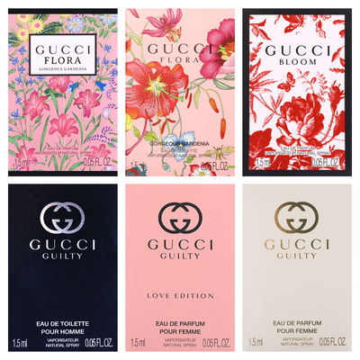 A sample of the classic women's eau de Toilette of the same name by GUCCI: Gardenia, Unrestrained Love, Bamboo Charm, and Fire