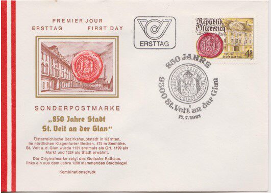 Austria 1981 Stamp Ancient City of St. Feit City Hall Building and City Emblem 1 Complete First Day Cover Complete Product