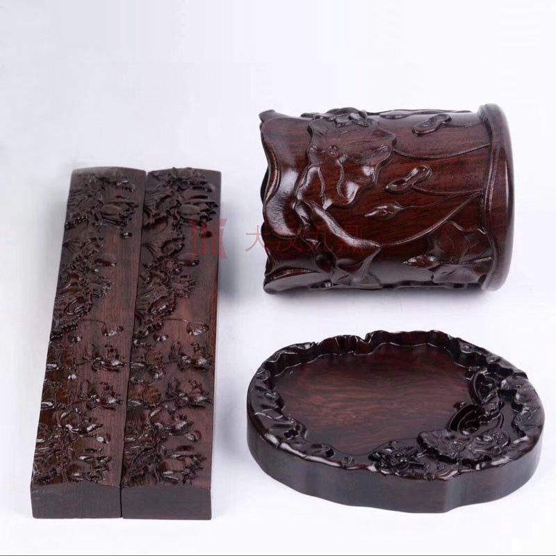 Lotus Wenfang House Four Treasure Gift Box Pendulum Pieces Pen Holder Town Ruler Black Sandalwood Carving Craft Gift Hem Accessories Stationery Red Wood Solid Wood