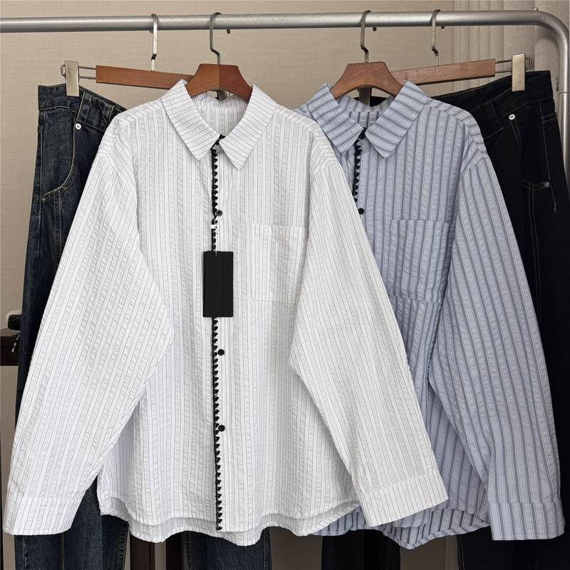 Lace-Trimmed Vertical Striped Couple's Loose-Fitting Long-Sleeve Sun Protection Shirt (918)