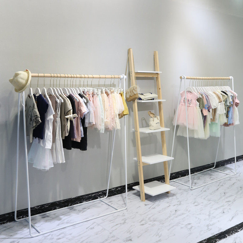White solid wood simple clothing display rack clothes hanger garment rack shelf in the shelf of the exhibition children's wear floor