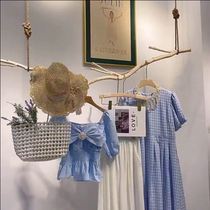 Clothing store dry branch clothes hanger log color simple ceiling hanging rack clothes drying rod hemp rope hanging window shelf