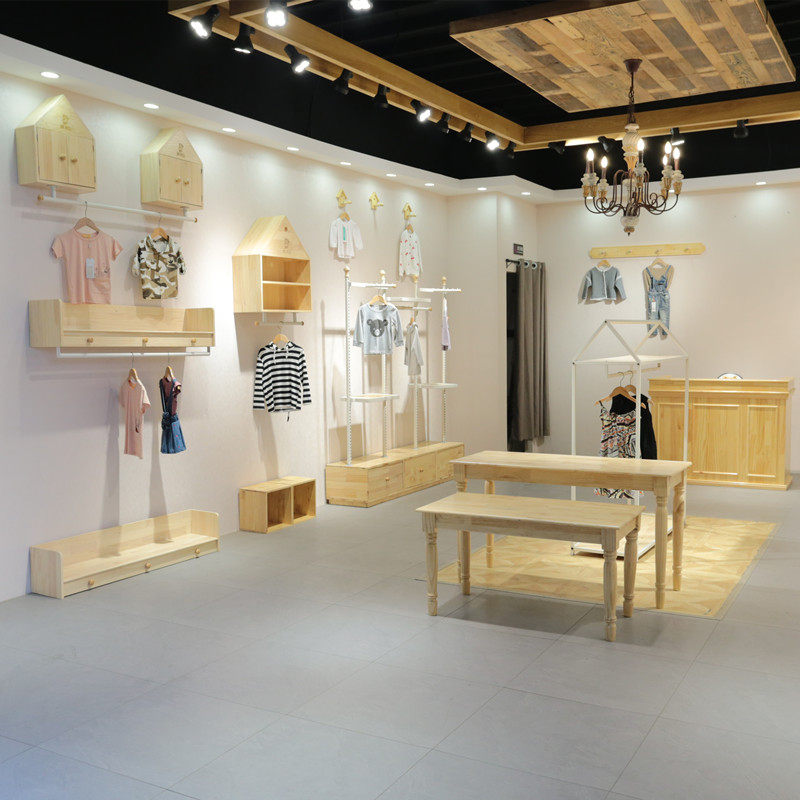 Log wood clothing store children's suite store decoration display frame on the wall of solid wood side hanging floor hanging rack