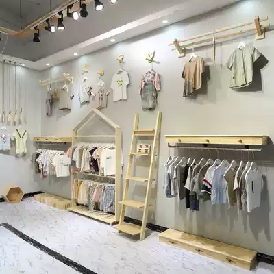 Clothing store children's clothing upper wall side hangers display solid wood landing House shelf women's clothing store combination Zhongdao display