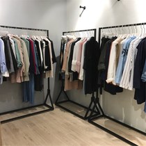 Clothing store mens and womens hanger display rack floor-standing iron elevated vintage solid wood Zhongdao front side hanging clothes shelf