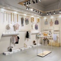 Childrens clothing shop decoration creative shelf White original wood color combination upper wall rack floor frame simple shelf wall rack